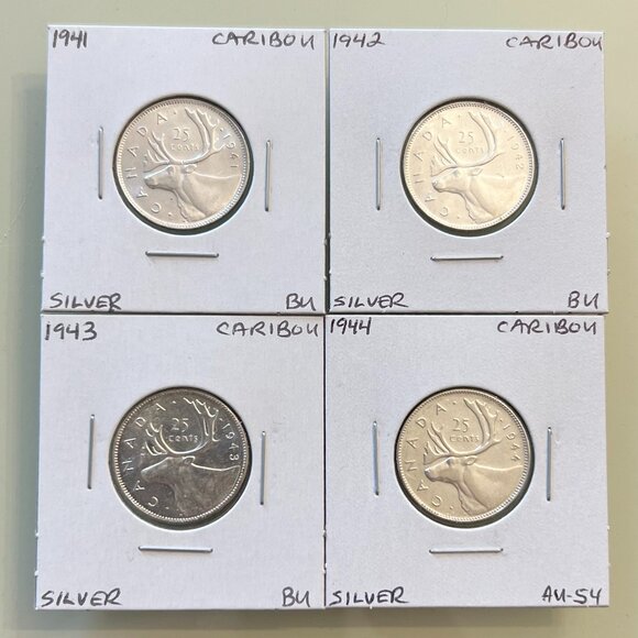 Canada 1941, 1942, 1943 & 1944 Silver 25 Cent Quarters! 4 Coins Total - Picture 1 of 12
